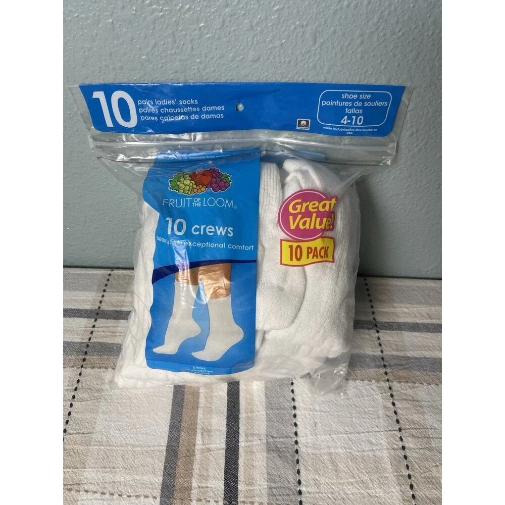 VTG Fruit Of The Loom Crew Socks Womens Sz 4-10 USA NOS 10 Pairs Cotton